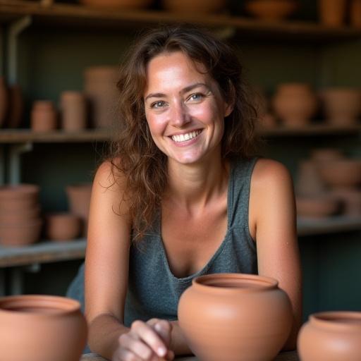 Portrait de la céramiste Hélène Dubois, souriante, dans son atelier, entourée de ses créations en argile.