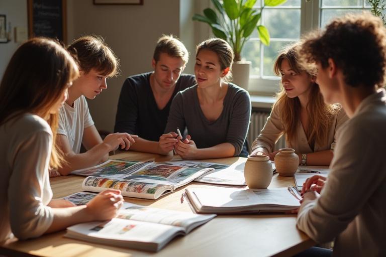 L'équipe de rédaction de Grès Lumière discutant autour d'une table couverte de magazines et de pièces de poterie, dans une ambiance créative et collaborative.