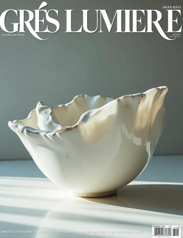 Couverture élégante du dernier numéro du magazine Grès Lumière, présentant une œuvre céramique aux reflets délicats.